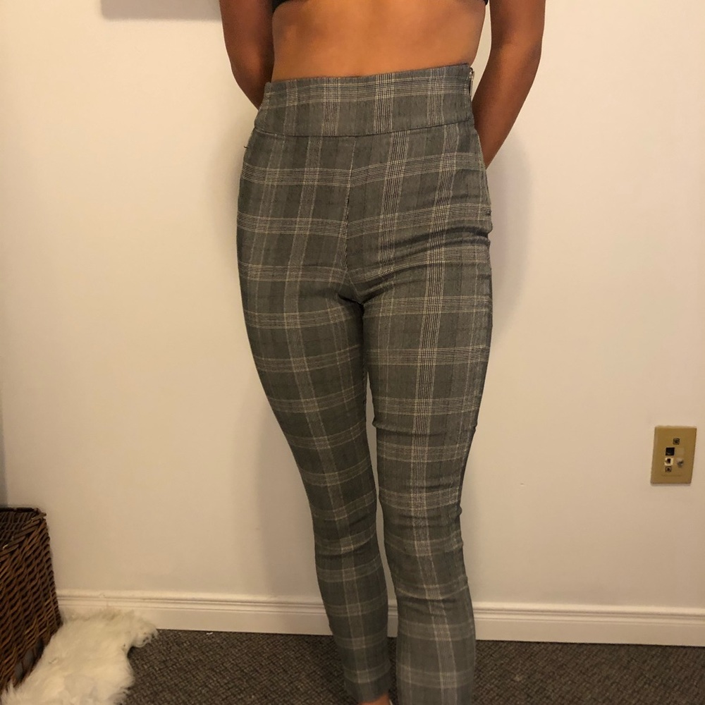 Plaid stretch fitted trousers